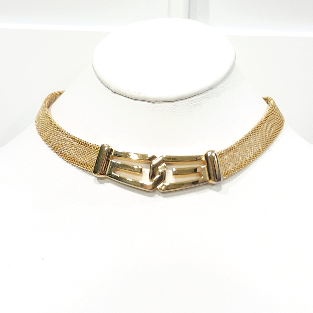 1977 Givenchy Vintage G Logo 70s Gold Tone Mesh Chain Choker Collar Necklace